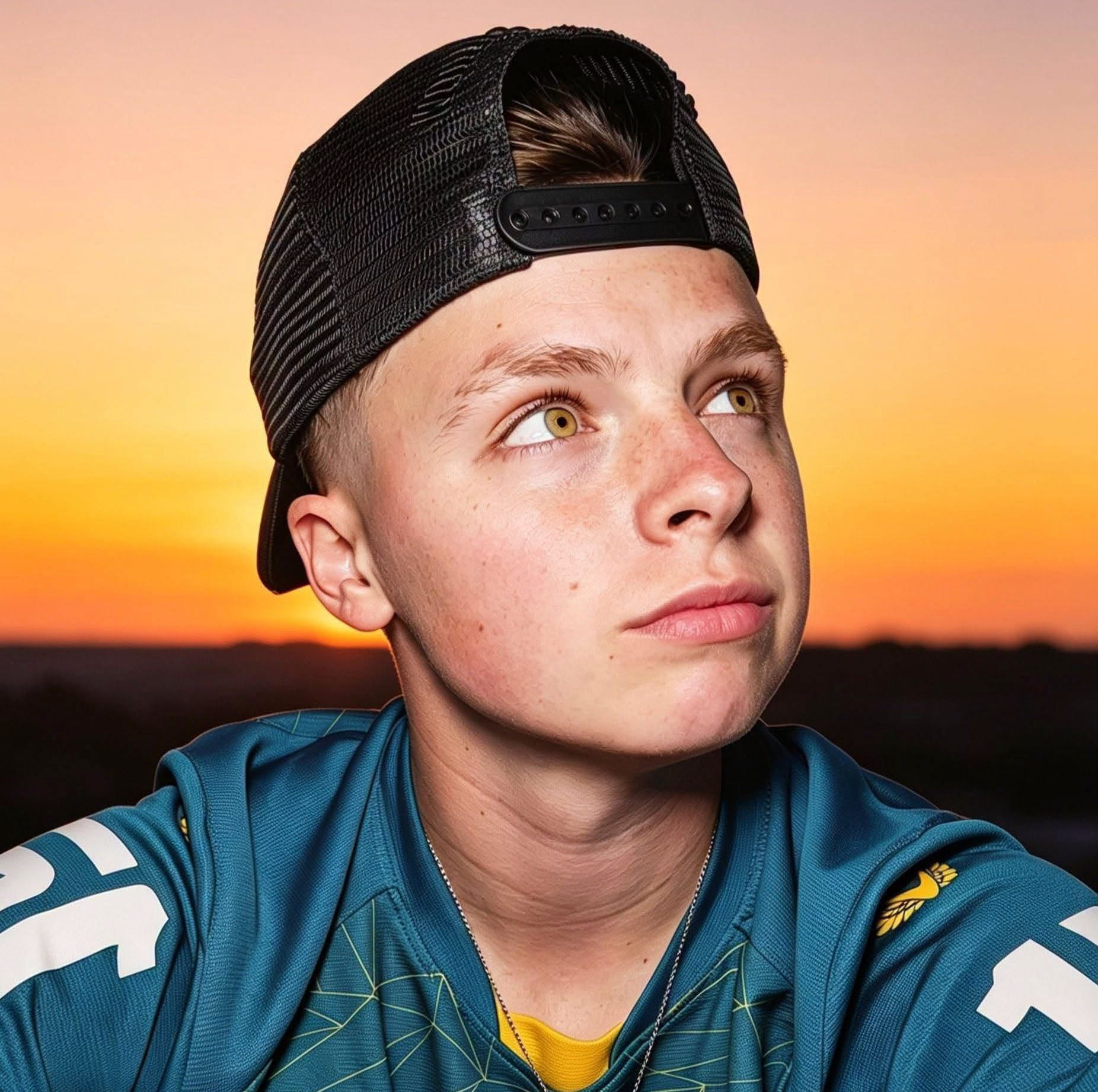 Chlo wearing a backwards cap against a sunset background.