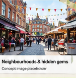 Discovery card showing a neighbourhood market street, with baked card title and placeholder sublabel.