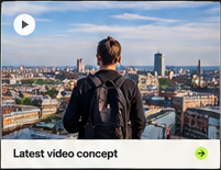 Latest content card artwork showing a person overlooking a city, including play icon and baked caption area.