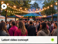 Latest content card artwork showing a crowd under string lights, including play icon and baked caption area.
