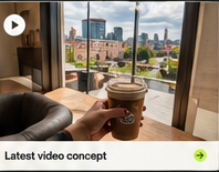 Latest content card artwork showing a coffee cup by a window with skyline view, including play icon and baked caption area.