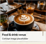 Discovery card showing food and drink venue imagery, with baked card title and placeholder sublabel.
